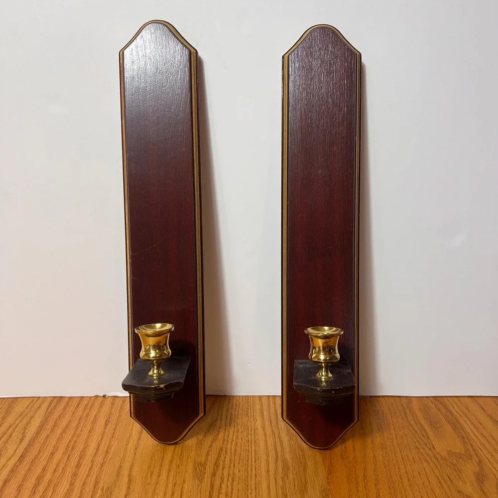 Vintage Pair Wood & Brass Wall Candle Sconces Federal Colonial Traditional Decor